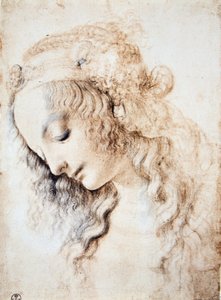 Porträt eines Mädchens mit geschlossenen Augen und gesenktem Kopf, mit einem mit Schmuck verzierten Band im Haar (Immagina) von Leonardo da Vinci
