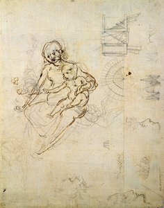 Studien für eine Jungfrau mit Kind und von Köpfen im Profil und Maschinen, ca. 1478-80 von Leonardo da Vinci