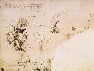 Studie von zwei Köpfen im Profil und Studien von Maschinen