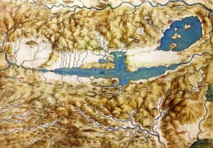 Topografische Ansicht der Landschaft um die Ebene von Arezzo und das Val di Chiana, frühes 16. Jahrhundert von Leonardo da Vinci