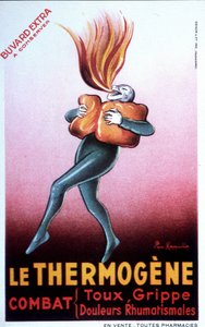 Werbung für thermogenes Watte zur Heilung von Erkältungen, Interkostalschmerzen, Rheuma, Husten, Neuralgie und Hexenschuss. Anfang des 20. Jahrhunderts
