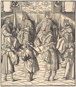 Versammlung von vier Königen, im Vordergrund vier Männer von Leonhard Beck