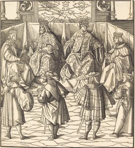 Versammlung von vier Königen, im Vordergrund vier Männer von Leonhard Beck