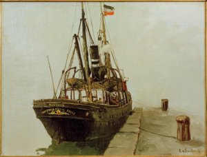 Pfeifender Dampfer mit Hilfsbesegelung Rostock Direktor A von Leonhard Sandrock