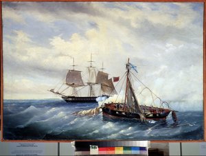 Die Seeschlacht zwischen dem kleinen russischen Schiff Opyt und der britischen Fregatte vor der Insel Nargen (Kaspisches Meer), am 11. Juli 1808 während des anglo-russischen Krieges (1807-1812) von Leonid Demyanovich Blinov