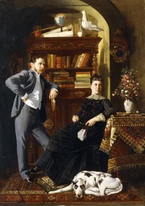 Ein Paar in einem Innenraum mit einem Hund von Leopold Bara