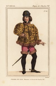 Pierre de Giac, Kämmerer von König Karl VII. von 1377-1426. Durch Ertränken in Dun-Le-Roi hingerichtet. Er trägt eine kurze Kasel mit Mahoitres-Ärmeln, rosa Pantalons und Stiefel mit Sporen. Handkolorierte Lithographie nach einer Miniatur in einem Manuskri von Leopold Massard