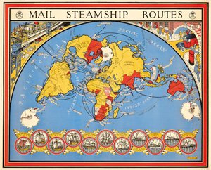 Plakat, das Postdampfschiffrouten bewirbt von Leslie MacDonald Gill