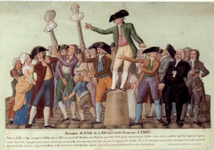 Erste Szene der Französischen Revolution in Paris: Am 12.07.1789, nach der Entlassung von Jacques Necker durch den König, rief Camille Desmoulins die Menge im Palais Royal zur Revolte gegen die Regierung auf. Die Büsten von Jacques Necker und Louis Phil von Lesueur Brothers