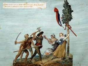 Französische Revolution: Räuber versuchen, den Baum der Freiheit zu fällen, junge Mädchen in Tränen hindern sie daran. Gouache der Brüder Lesueur (1793) von Lesueur Brothers