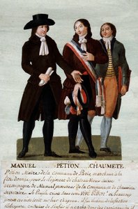 Französische Revolution: Die Revolutionäre Jerome Petion (1756-1794), Jacques Antoine Manuel (1775-1827) und Pierre-Gaspard Chaumette genannt Anaxagoras (1763-1794), Sprecher der Ungebändigten. Gouache der Brüder Lesueur (18. Jahrhundert)