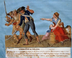 Krieg der Vendée: Die Heldin von Milhier. Eine junge Frau droht zwei Plünderern, ein Pulverfass in die Luft zu sprengen, wenn sie es wagen, sich zu nähern. Gouache der Brüder Lesueur (18. Jahrhundert)