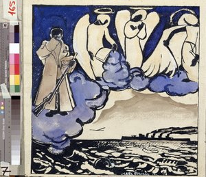Der Krieg. Russland. 1914. Allegorie des Ersten Weltkriegs. Ein Soldat und Engel. Feder und Gouache von Lew Bruni (1894-1948)