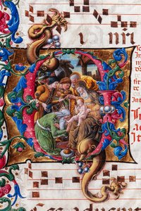 Piccolomini-Bibliothek: Chorbuch, cod. 19.4, ff. 9v mit „Anbetung der Heiligen Drei Könige“, von Liberale da Verona (ca. 1445 - 1527/9) (Detail) von Liberale da Verona