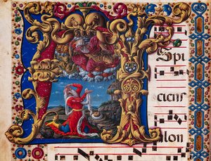 Piccolomini-Bibliothek: Chorbuch, cod. 1.A, ff.4v mit „Vision des Jesaja“ (Detail) von Liberale da Verona