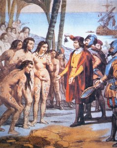 Christoph Kolumbus landet 1492 in der Neuen Welt und wird von Taino-Indianern begrüßt von Unbekannt Unbekannt