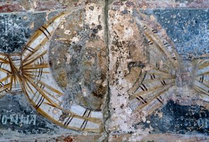 Gesicht Christi, beschädigtes Fresko in der Kirche Metamorphosis Sotiros, Voutas, Kreta, Griechenland