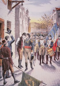 Der französische General Jean Sarrazin küsst den gehängten irischen Rebellen Patrick Walsh