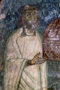 Fresko Käufer der Kirche Agia Anna, hält Modell der Kirche, Fresko von 1642, Anisaraki, Kreta, Griechenland