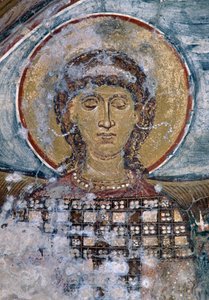 Fresko mit Heiligem in der byzantinischen Kirche Agios Georgios, Vathi, Kreta, Griechenland