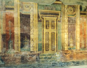 Fresko mit Säulen im zweiten pompejanischen Stil, Große Halle, Römische Villa Poppaea, Oplonti, Torre Annunziata