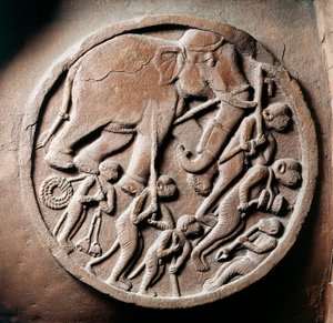 Medallion mit Affen und Elefanten, Relief von der Stupa von Bharhut, buddhistisches Denkmal, Madhya Pradesh, Indien, indische Zivilisation, 2. Jahrhundert v. Chr. von Unbekannt Unbekannt