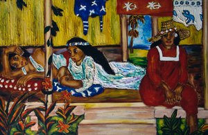 Polynesische Frauen, Buntglasfenster, Moorea-Insel, Gesellschaftsinseln, Französisch-Polynesien, Überseegebiet der Französischen Republik von Unbekannt Unbekannt