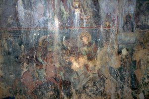 Heilige zu Pferd, Fresko in der byzantinischen Kirche Agios Athanasios, Kefali, Kreta, Griechenland von Unbekannt Unbekannt