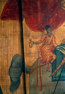 St. Georg und der Drache, Detail des Holzpaneels in der Kirche Agia Paraskevi, Anisaraki, Kreta, Griechenland (Detail)