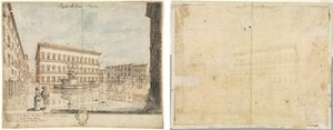 Achtzehn Ansichten von Rom: Die Piazza Farnese (recto); Kartusche (verso) von Lievin Cruyl