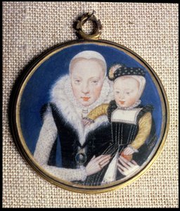 Porträtminiatur von Lady Katherine Seymour, geb. Grey, Gräfin von Hertford, mit ihrem kleinen Sohn und dem Miniaturbild ihres Mannes, ca. 1562
