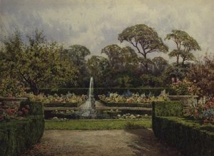 Der Seerosenteichgarten mit einem runden Teich und einem Cherubbrunnen