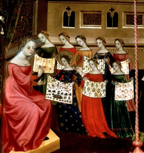 Die Jungfrau Maria zeigt ihren Klassenkameraden Stickmustertücher ihrer Lehrerin, Detail vom Altarbild der Jungfrau und des Heiligen Georg, ca. 1390-1400