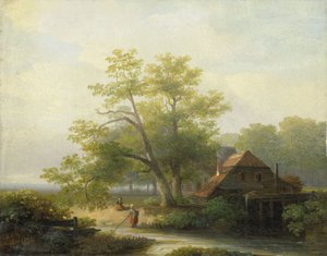 Wassermühle in einer waldigen Landschaft