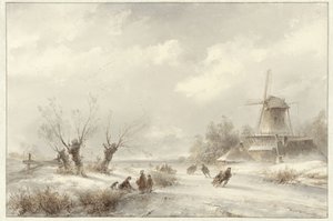 Winterlandschaft mit Schlittschuhläufern bei einer Mühle