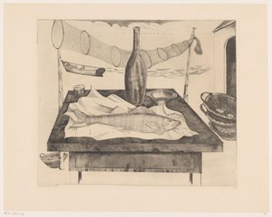 Stillleben mit Fisch, Flasche und Fischernetz von Lodewijk Schelfhout (signed by artist)