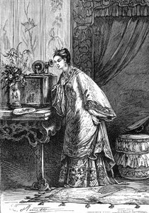 Zeichnung von Leon Benett, aus dem Buch von Jules Verne „Die Leiden eines Chinesen in China“ - Hetzel-Ausgabe / Außergewöhnliche Reisen 1879. Ein junges chinesisches Mädchen hört eine aufgezeichnete Nachricht auf einem Phonographen. von Léon Benett