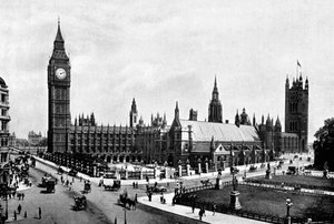 Das Parlament und die Westminster Hall vom Parliament Square aus gesehen, London, ca. 1905