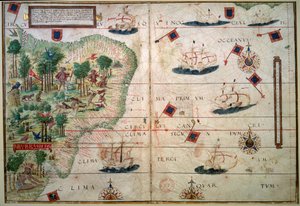 Hydrographische Karte von Brasilien - Manuskript illuminiert „Portugiesischer Nautischer Atlas“ von Kartograph Loppo Homem 1519 Paris. B.N.