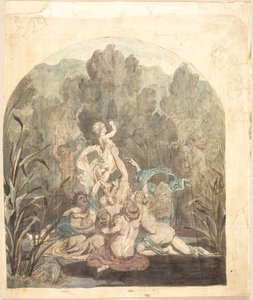 Mythologisches Motiv. Skizzen von Landschaft, Pferdefiguren und Profilgesicht am Rand von Lorenz Frølich
