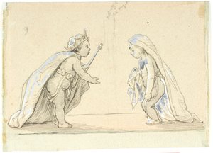 Vignette mit zwei Kindern verkleidet als König und junge Braut von Lorenz Frølich