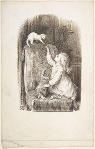 Kind klettert auf einen Stuhl, um eine Katze zu erreichen von Lorenz Frølich