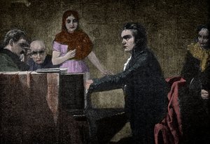 Ludwig van Beethoven spielt die Mondscheinsonate - Gravur nach Lorenz Vogel - Ludwig van Beethoven (1770-1827), deutscher Musiker, spielt die Sonate in UT-Moll (Mondschein - Mondschein) nach dem Gemälde von Lorenz Vogel (1846-1902) von Lorenz Vogel