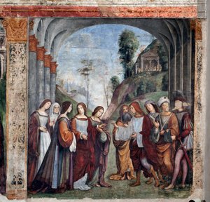 Leben der Hl. Cäcilia: Hochzeit von Hl. Cäcilia und Valerian (Fresko) von Lorenzo Costa
