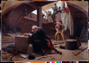 Der Entdecker und Navigator Christoph Kolumbus (1451-1506) kehrt von seiner dritten Reise in Ketten im Frachtraum zurück