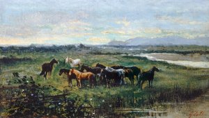 Wilde Pferde, um 1870, Öl auf Leinwand auf Holz übertragen, 21x37 cm von Lorenzo Gelati