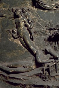 Erschaffung Evas aus der Rippe Adams. Detail der Osttür, genannt Paradies, Schnitzerei von Lorenzo Ghiberti