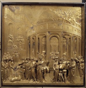 Geschichte des Lebens von Joseph. Die Weizenernte: Die Bauern bringen die Getreidesäcke. Originaltafel der Paradiespforte von Lorenzo Ghiberti