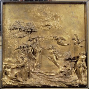 Geschichte von Adams Leben: die Geburt Adams, die Erschaffung Evas und die Vertreibung von Adam und Eva aus dem Paradies. Originaltafel der Tür des Paradieses von Lorenzo Ghiberti