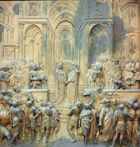 König Salomo empfängt die Königin von Saba im Flachrelief-Tempel von Lorenzo Ghiberti, Florenz, Paradiespforte des Baptisteriums von Lorenzo Ghiberti